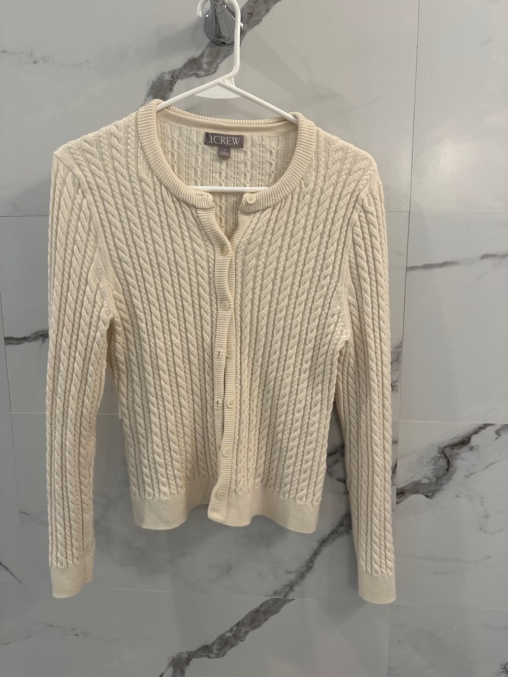J. Crew Cable-knit crewneck cardigan in merino wool Ivory